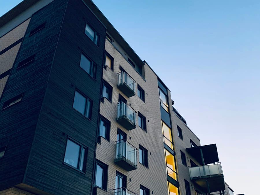 Modern apartment block against a clear sky